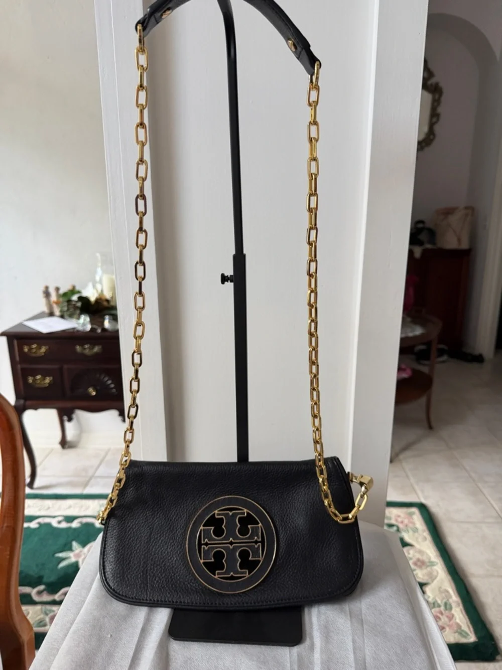 Tory Burch Amanda Convertible Black Pebble Leather Clutch/Crossbody